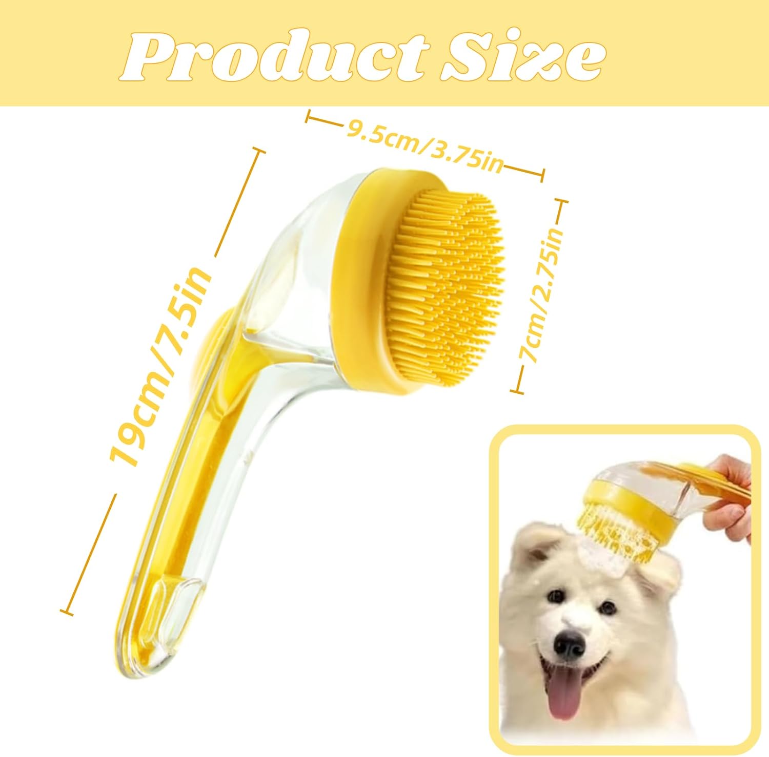 Dog Bath Brush, 2 in 1 Pet Grooming Bath Massage Brush with Soap and Shampoo Dispenser Soft Silicone Bristle Dog Scrubber for Long Short Haired Dogs Cats Shower(Yellow)